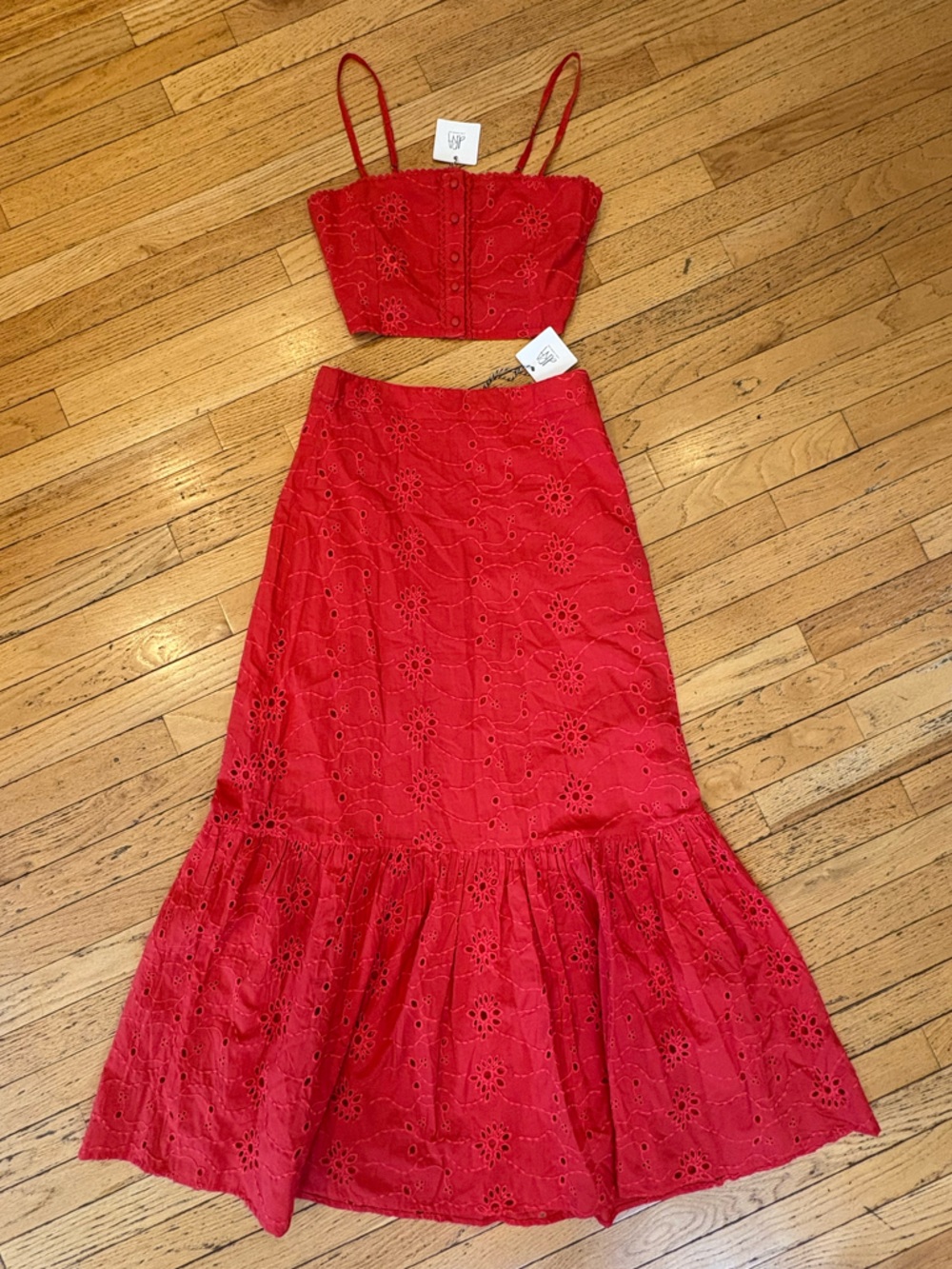 Two-Piece Red Eyelet Maxi Dress - Crop Top & Skirt
